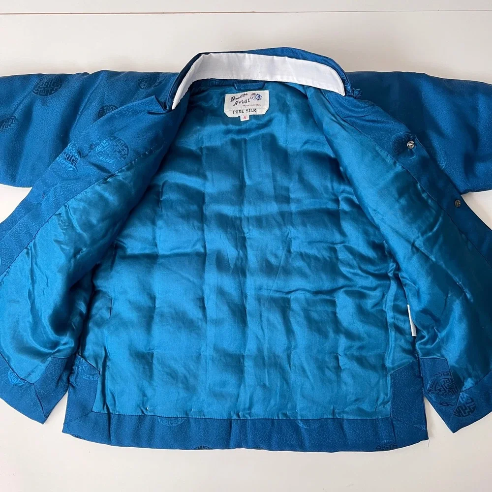 Vintage 100% Silk Quilted Puffer Jacket Kids Toddler Teal Blue Asian Traditional